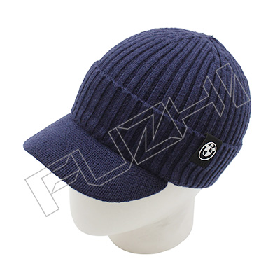 FZWH-0001 Curved Peak Knitted beanie with Customized PU Logo