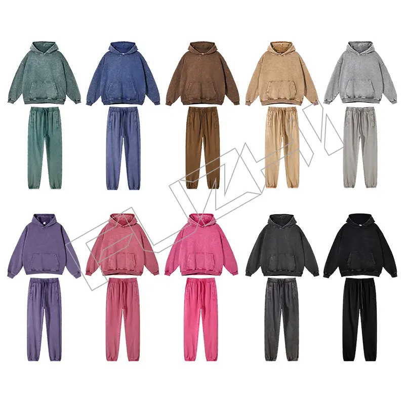 FZWH-1002 Fashion brand washed retro do old multi-color hoodie and pants washed hoodie set washed fleece or terry hoodie and pants