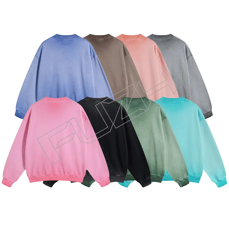 FZWT-1001 New fashion men and women color unisex distressed washed terry round neck sweatshirt(fleece)