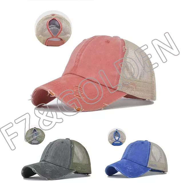 FZBC20250716-1 New arrival Custom Logo Distressed Vintage 6 Panel Ladies Womens Cris Cross Ponytail Dad Hats Baseball Caps