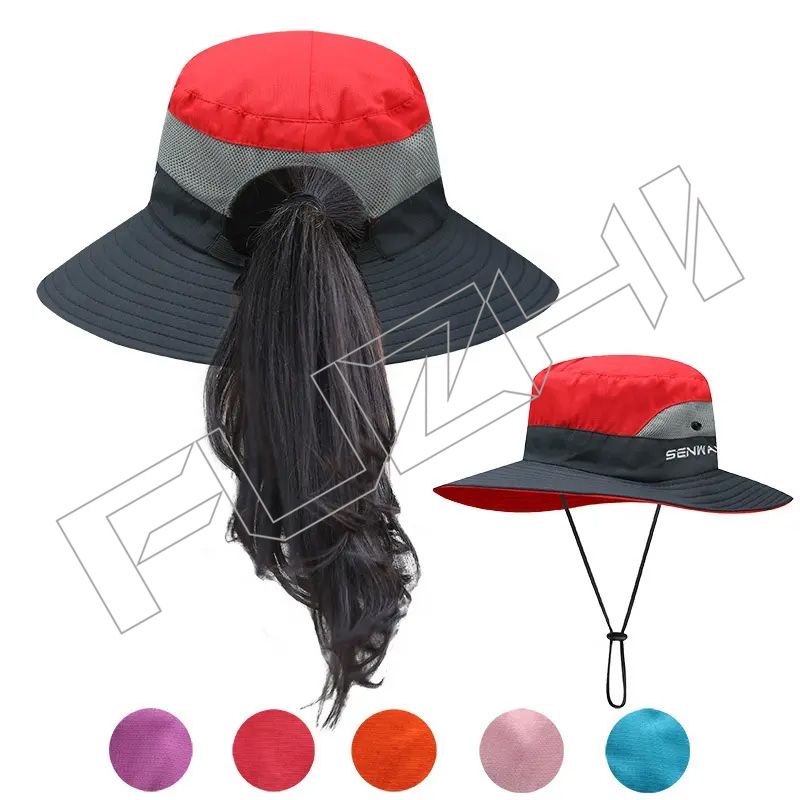 FZFH20250625-6 Women's Summer Mesh Wide Brim Sun UV Protection Hole Fisherman Cowboy Bucket ponytail bucket hat