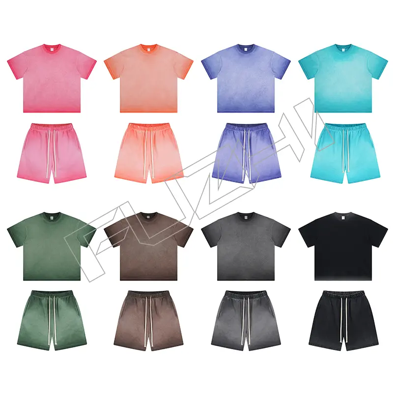 FZWT-1002 New fashion unisex dyed and worn-out water washed cotton terry short sleeved shorts set washed cotton T-shirt shorts Featured Image