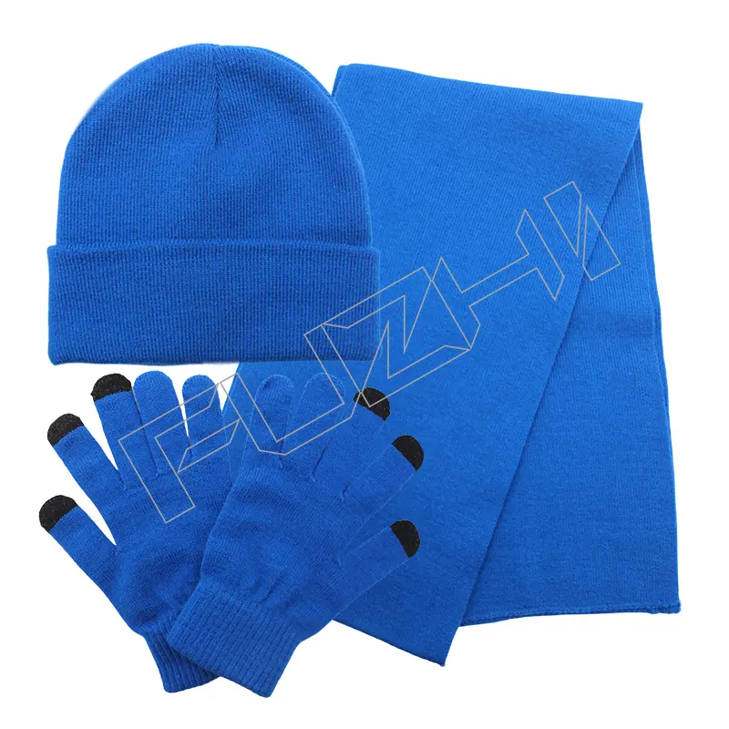 FZSC-3021 Customized men and women’s winter warm knitted beanie scarf glove set outdoor weatherproof acrylic knitted beanie scarf glove