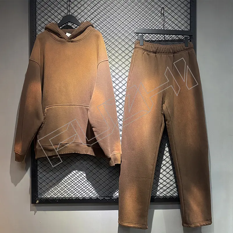 FZWH-1003 Fashion washed hole hoodie and pants hipster hoodie set washed fleece or terry hoodie and pants