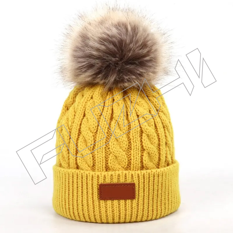 FZBH20250625 Hot Sale Custom Logo Knitted Knit Cap Beanie Hat winter hats Pom Pom for Baby and Kids