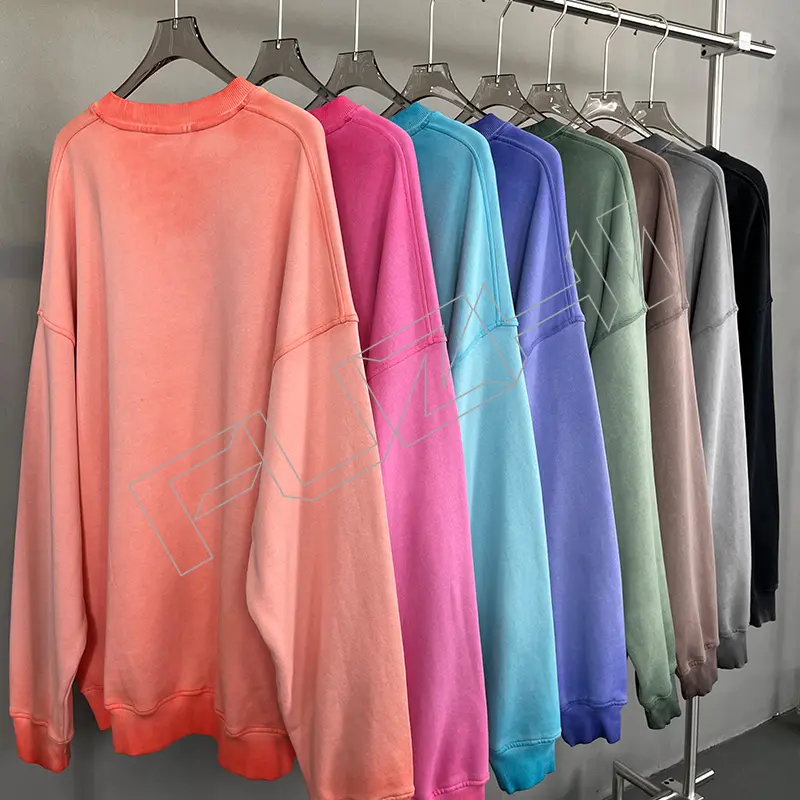 FZWT-1001 New fashion men and women color unisex distressed washed terry round neck sweatshirt(fleece)