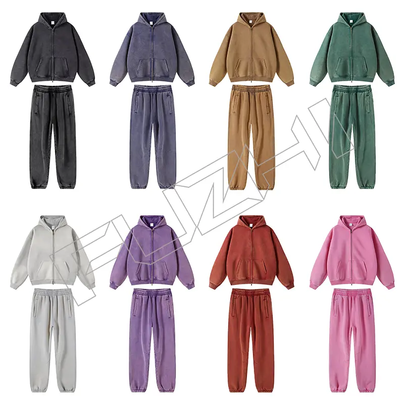 FZWH-1004 Fashion high quality unisex color washed zip hoodie & pants washed hoodie set washed fleece or terry hoodie and pants