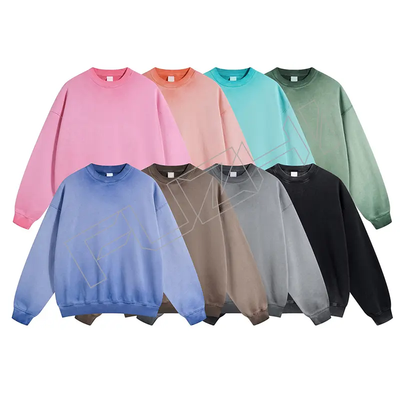 FZWT-1001 New fashion men and women color unisex distressed washed terry round neck sweatshirt(fleece)