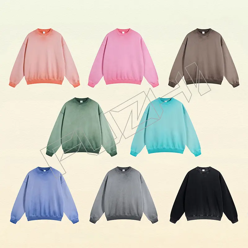 FZWT-1001 New fashion men and women color unisex distressed washed terry round neck sweatshirt(fleece) Featured Image