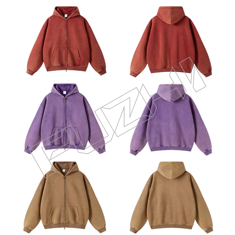 FZWH-1004 Fashion high quality unisex color washed zip hoodie & pants washed hoodie set washed fleece or terry hoodie and pants