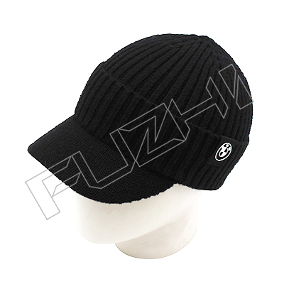 FZWH-0001 Curved Peak Knitted beanie with Customized PU Logo