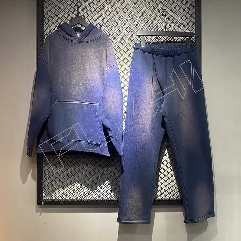 FZWH-1003 Fashion washed hole hoodie and pants hipster hoodie set washed fleece or terry hoodie and pants