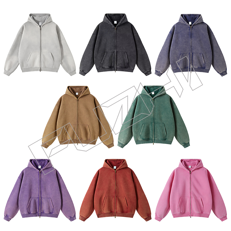 FZWH-1004 Fashion high quality unisex color washed zip hoodie & pants washed hoodie set washed fleece or terry hoodie and pants